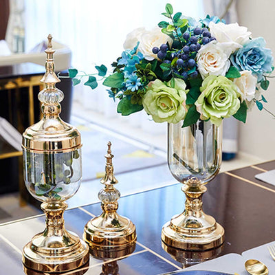 SOGA 2X Clear Glass Flower Vase with Lid and Blue Flower Filler Vase Bronze Set