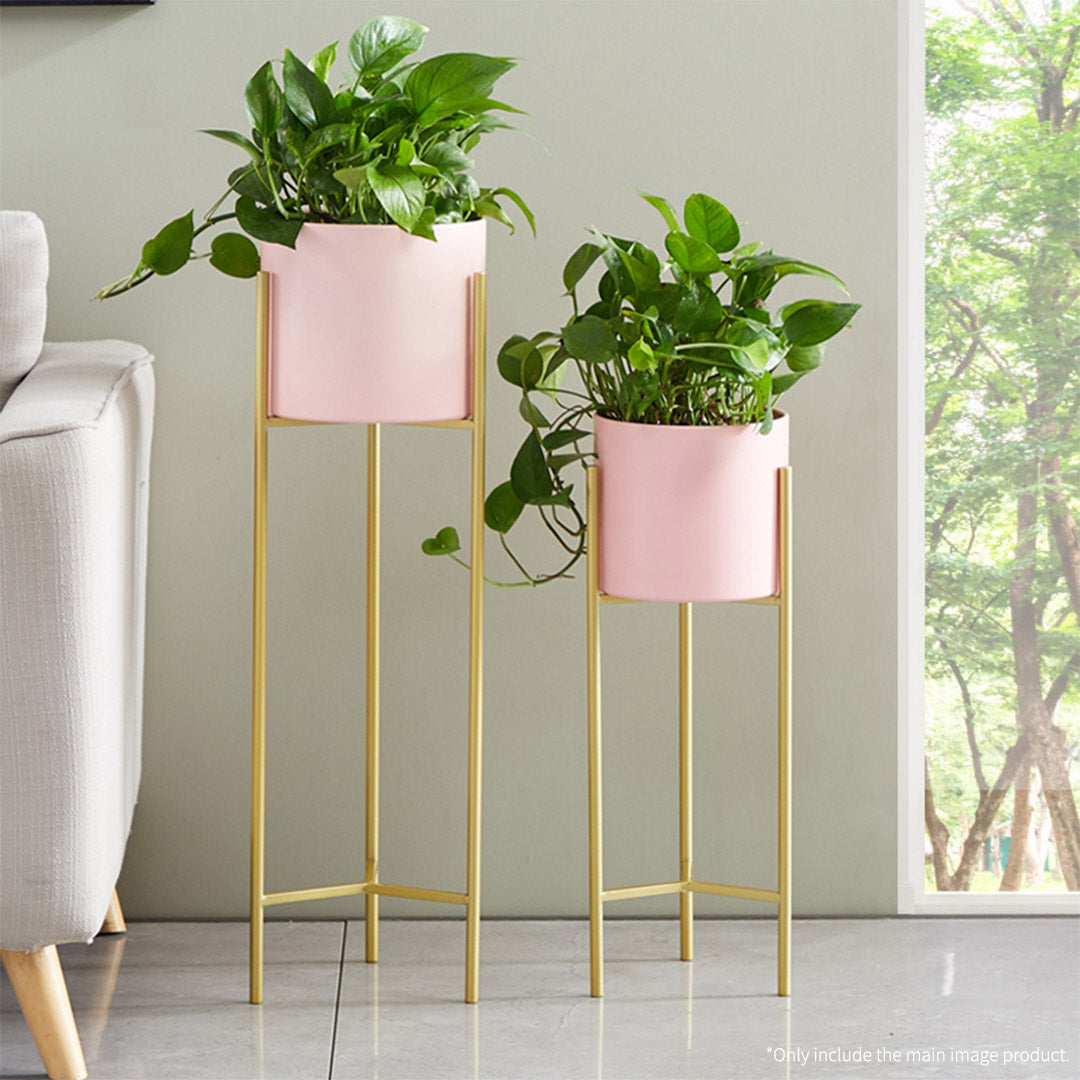 SOGA 2X 2 Layer 42cm Gold Metal Plant Stand with Pink Flower Pot Holder Corner Shelving Rack Indoor Display