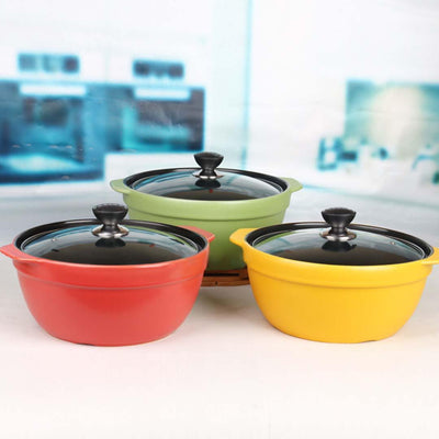 2X 3.5L Ceramic Casserole Stew Cooking Pot with Glass Lid Red