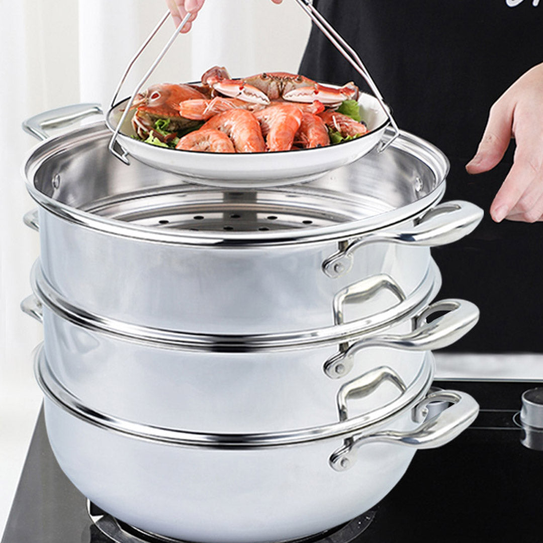 SOGA 2X 3 Tier 28cm Heavy Duty Stainless Steel Food Steamer Vegetable Pot Stackable Pan Insert with Glass Lid