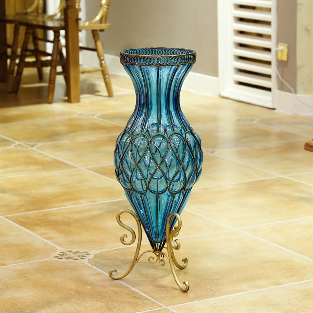 SOGA 67cm Blue Glass Tall Floor Vase with Metal Flower Stand – Voyage ...