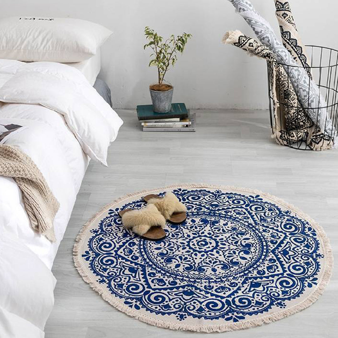 SOGA 2X Blue Carpet Soft Linen Bohemian Non-Slip Floor Retro Minimalist Round Rug Home Decor with Tassels