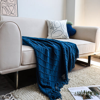 SOGA 2X Royal Blue Diamond Pattern Knitted Throw Blanket Warm Cozy Woven Cover Couch Bed Sofa Home Decor with Tassels