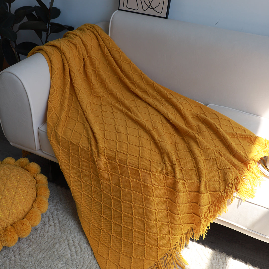 SOGA 2X Yellow Diamond Pattern Knitted Throw Blanket Warm Cozy Woven Cover Couch Bed Sofa Home Decor with Tassels