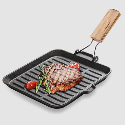 SOGA 2X 24cm Ribbed Cast Iron Square Steak Frying Grill Skillet Pan with Folding Wooden Handle