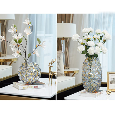 SOGA 2X Grey Colored Diamond Cut Glass Flower Vase Round Jar Home Decor with Gold Accent Large and Medium Set