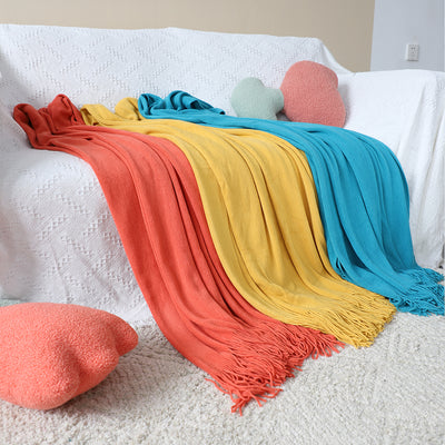 SOGA 2X Orange Acrylic Knitted Throw Blanket Solid Fringed Warm Cozy Woven Cover Couch Bed Sofa Home Decor
