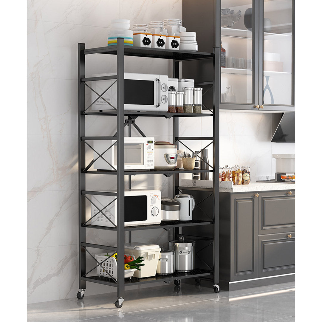 SOGA 2X 5 Tier Steel Black Foldable Display Stand Multi-Functional Shelves Portable Storage Organizer with Wheels