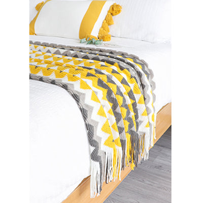 SOGA 2X 170cm Yellow Zigzag Striped Throw Blanket Acrylic Wave Knitted Fringed Woven Cover Couch Bed Sofa Home Decor