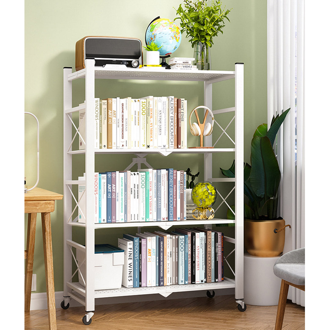 SOGA 4 Tier Steel White Foldable Display Stand Multi-Functional Shelves Portable Storage Organizer with Wheels
