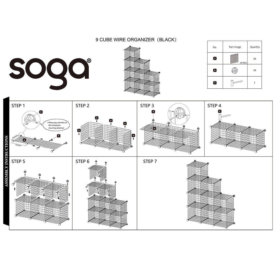 SOGA Black Portable 9-Cube 3 Column Storage Organiser Foldable DIY Modular Grid Space Saving Shelf