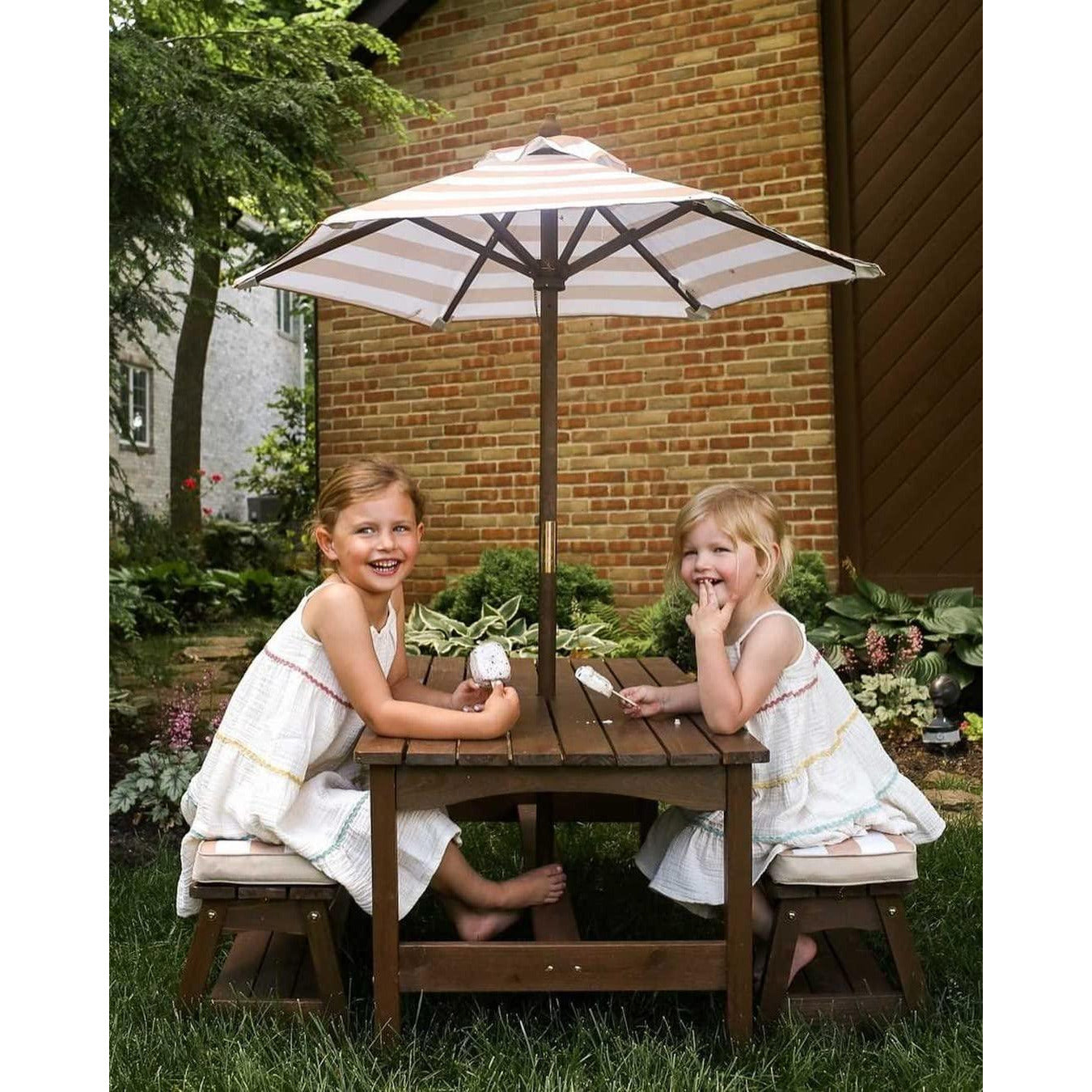 KidKraft Outdoor Table & Bench Set with Cushions & Umbrella Oatmeal