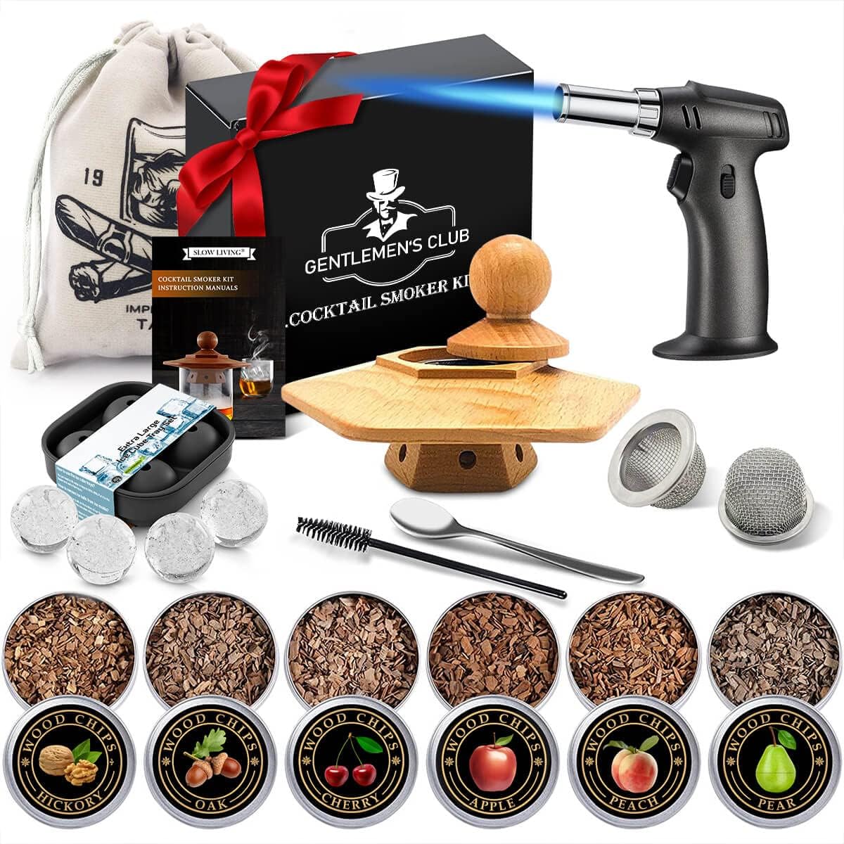 Cocktail Smoker Kit with Torch – 6 Flavours Wood Chips, Butane Torch, Ice Ball Mold & Stainless Steel Ice Cube | Old Fashioned Whiskey Smoker Set for Bourbon, Cocktails, Wine, and Meat | Premium Gift for Men