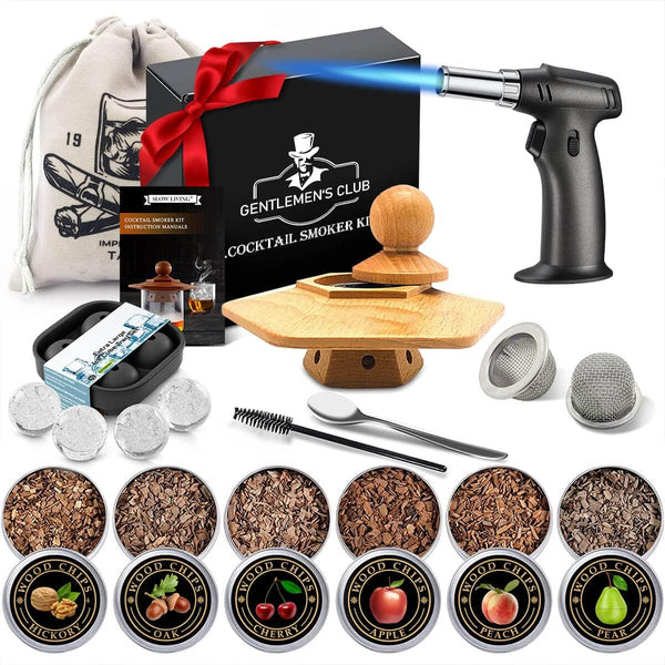 Cocktail Smoker Kit with Torch – 6 Flavours Wood Chips, Butane Torch, Ice Ball Mold & Stainless Steel Ice Cube | Old Fashioned Whiskey Smoker Set for Bourbon, Cocktails, Wine, and Meat | Premium Gift for Men